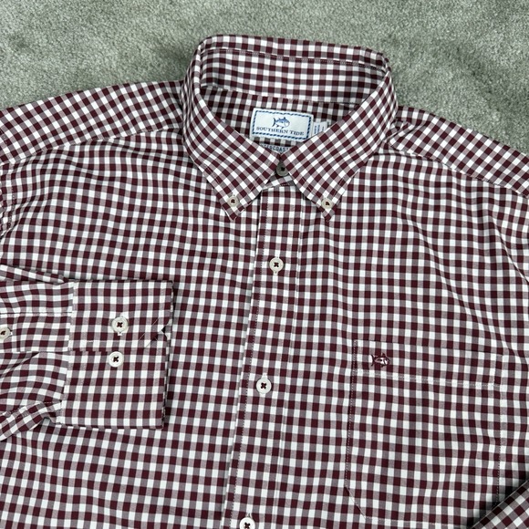 Southern Tide Shirt Mens Large Maroon Gingham Intercoastal Performance Sport - Picture 1 of 9